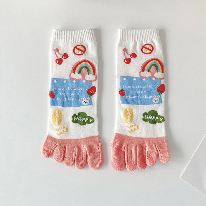 Meias de algodão feminino com cinco dedos, meias Harajuku, respirável, desenho bonito, Split-Toe, Japão Kawaii, primavera e outono