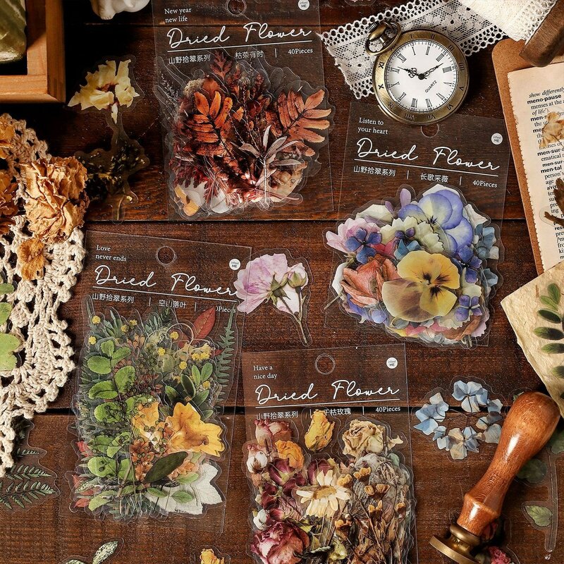 40 Pcs Floresta Vintage Adesivos Folhas impermeáveis Plantas Flor Coleções Adesivos Para DIY Art Journal Planner Scrapbooking