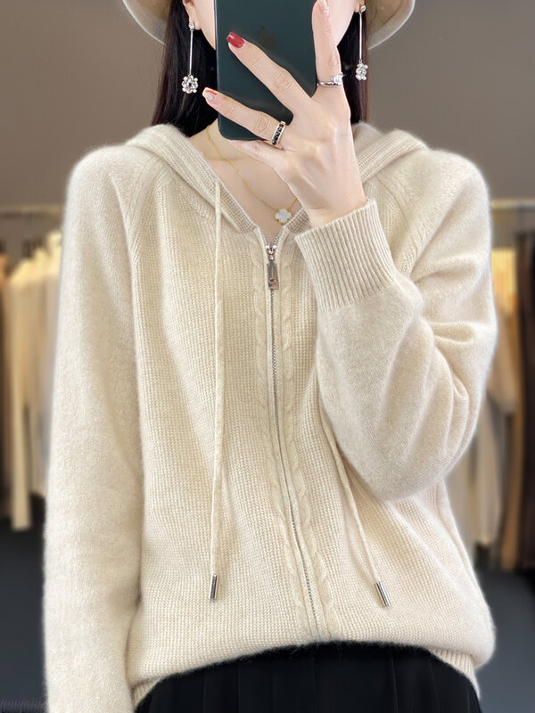 Cardigã monocromático de caxemira com zíper feminino, suéter 100% lã merino, malha casual, mangas compridas, moda coreana, outono e inverno