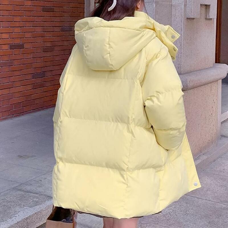 Winter Cotton Down Coat Women Korean Hooded Stand Collar Thick Padded Windproof Elastic Cuff Zipper Mid Length Down Coat