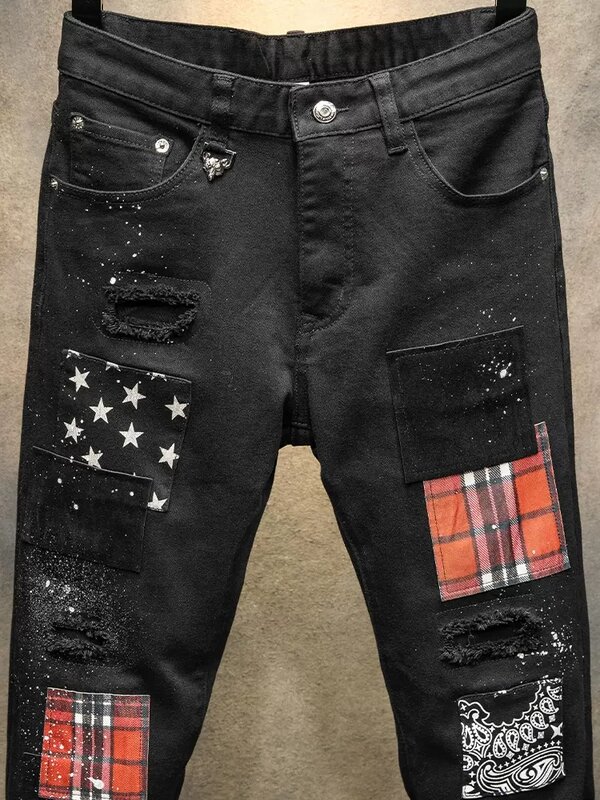 Джинсы-Карандаш мужские стрейчевые, модные рваные джинсы скинни с принтом, заплатками, дизайнерские брюки из денима в стиле хип-хоп, черные