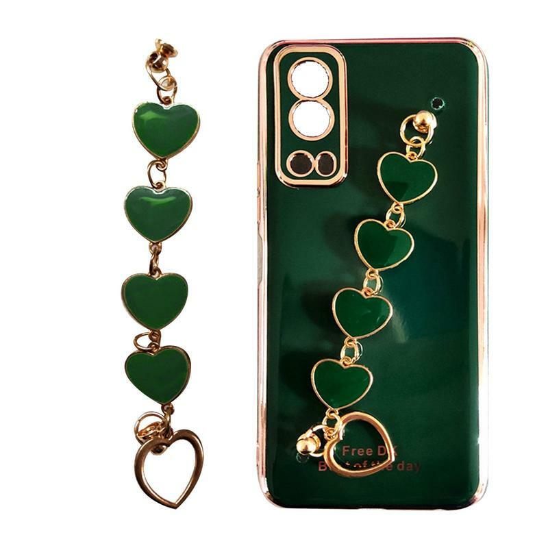 Electroplated Love Heart Phone Case For Phone 11 12 13 14 Pro Max XS Max X R 7 Plus 14 Shockproof Wrist Strap Chain Back Cover