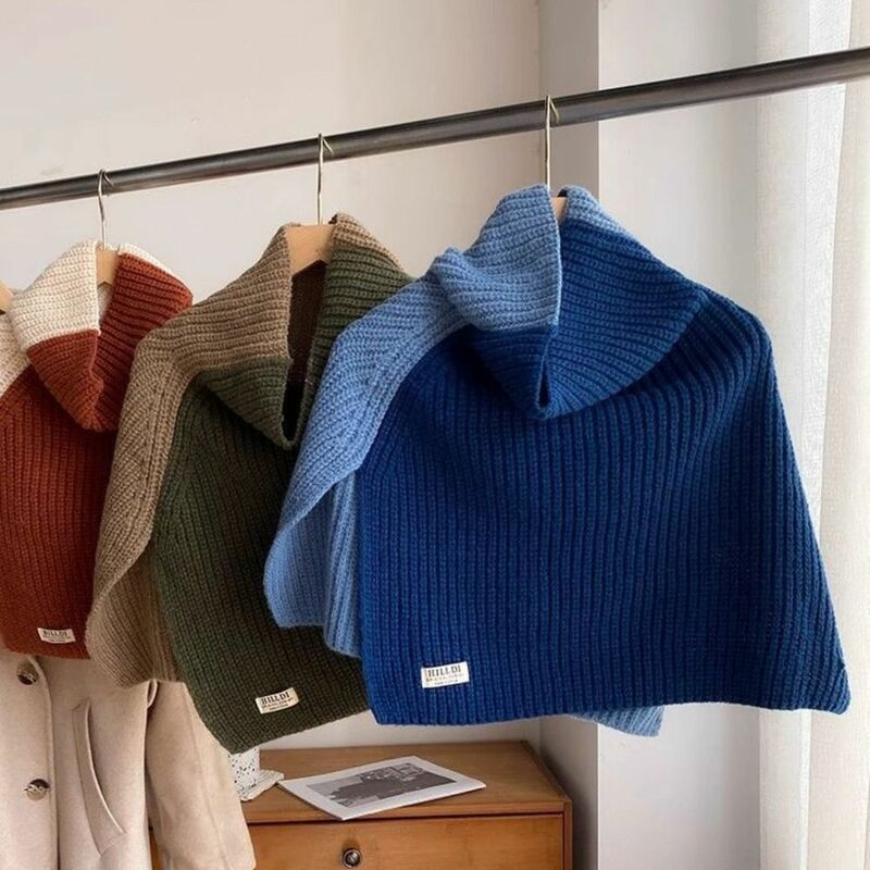 Syal hangat kerah tinggi, selendang Wool Retro warna kontras, selendang gaya Korea, Pembungkus leher tinggi musim gugur