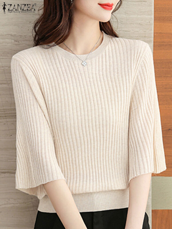 ZANZEA-camisa feminina de malha com gola O, blusas de manga larga, tops casuais, monocromático OL, moda primavera, 2022