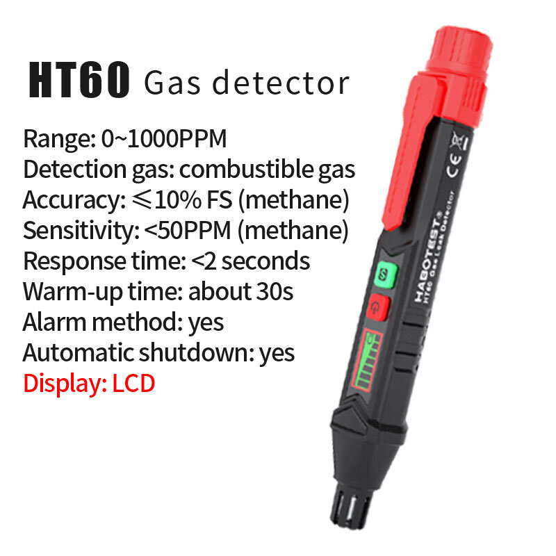 Habotest HT59/HT60 Gaslek Detector 0-1000PPM Geluid & Screen Alarm Brandbare Brandbare Aardgas CH4 Co Finder