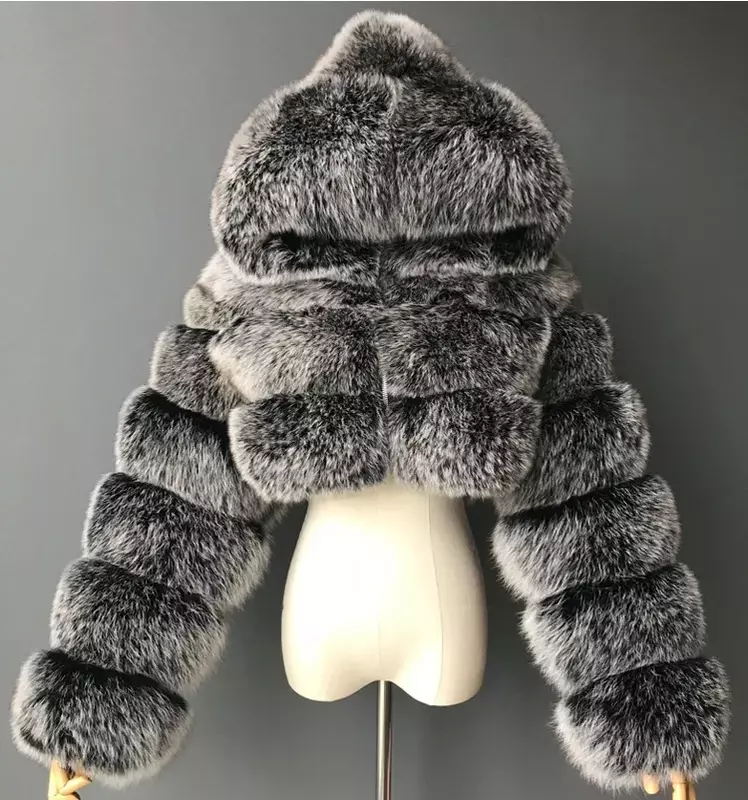 Осенняя пушистая укороченная куртка из искусственного меха, женское пушистое пальто, прямая короткая зимняя меховая куртка с капюшоном, модная уличная одежда, новинка