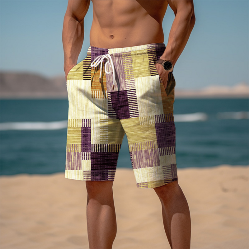 Pantalones cortos de sudor para hombre, Shorts de playa con cordón, cintura elástica, estampado 3D, rayas a cuadros, transpirables, suaves, diarios