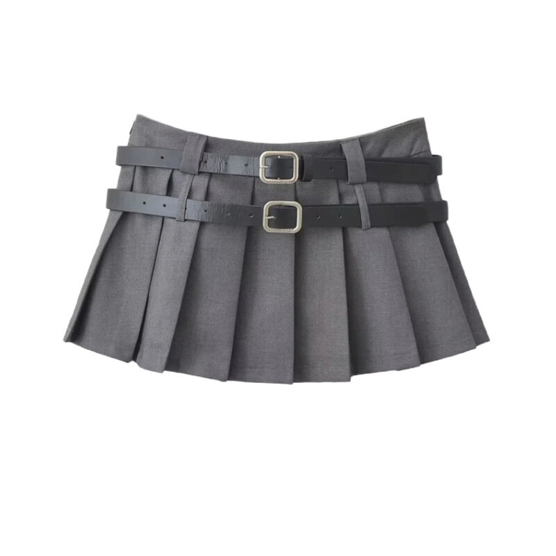 Мини-юбка Y2K, женская модная плиссированная юбка в Корейском стиле, летняя повседневная однотонная винтажная короткая юбка в стиле преппи с двумя ремнями, 2023