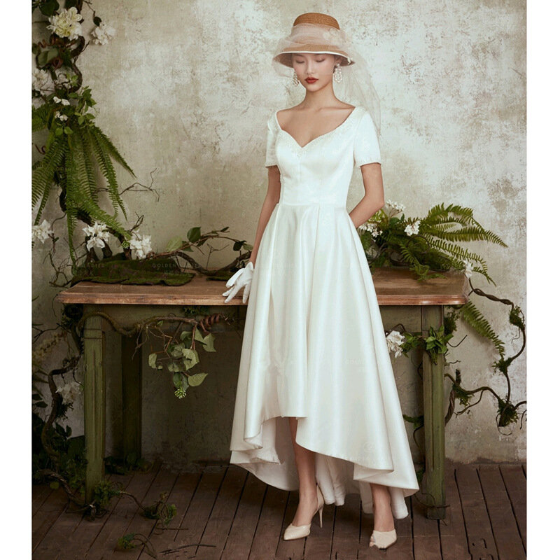 Elegant French Simple White Satin Prom Gowns Formal Women Short Sleeve Wedding Party Dresses