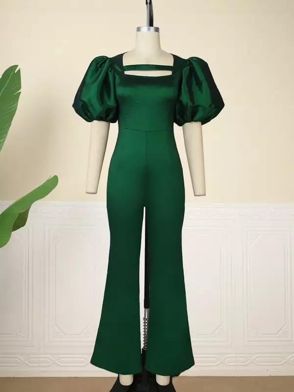 Macacão elegante e sparkly plus size para mulheres, macacão verde brilhante, manga folhada, macacão vintage, roupas elegantes de trabalho, verão