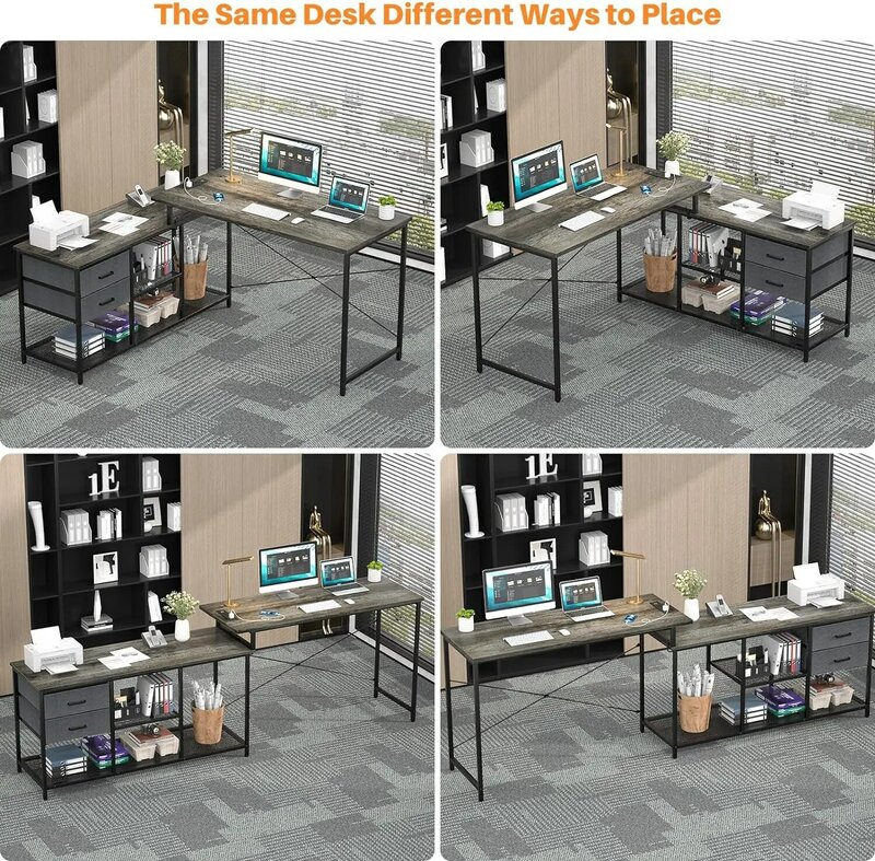 Homeeasy-escritorio Reversible en forma de L con toma de corriente, computadora de escritorio de esquina con cajones y estantes de almacenamiento, hogar largo en forma de L
