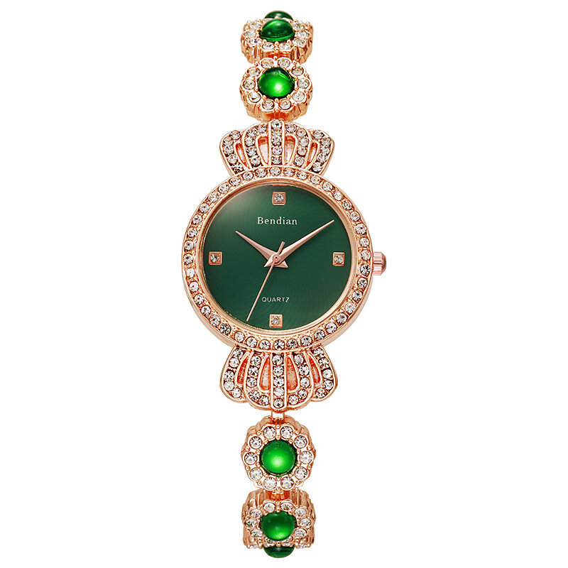 Pulsera de lujo de color verde esmeralda para mujer, reloj de cuarzo con corona de oro rosa, informal, regalo para niñas, nuevo