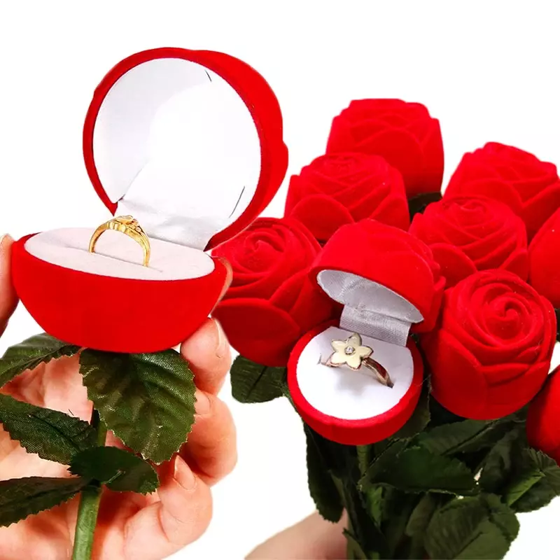 Kotak Cincin Bunga Mawar Beludru Merah Alami Mawar Anting Tampilan Kotak Hadiah Pengantin Pernikahan Pertunangan Perhiasan Kasus Penyimpanan