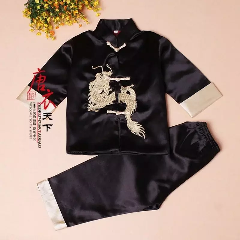 男の子と女の子のためのドラゴン刺繍スーツ,伝統的な中国風のカンフータイ,子供用ユニフォーム,衣類セット