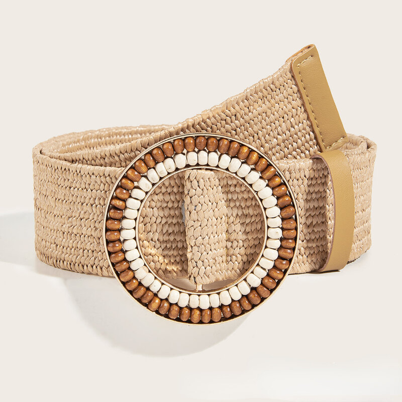 Vintage PP Grass Woven Belt for Women Summer Dress Accessorie Bohemian Style Handmade Round Wood Inlaid Bead Buckle Elastic Belt