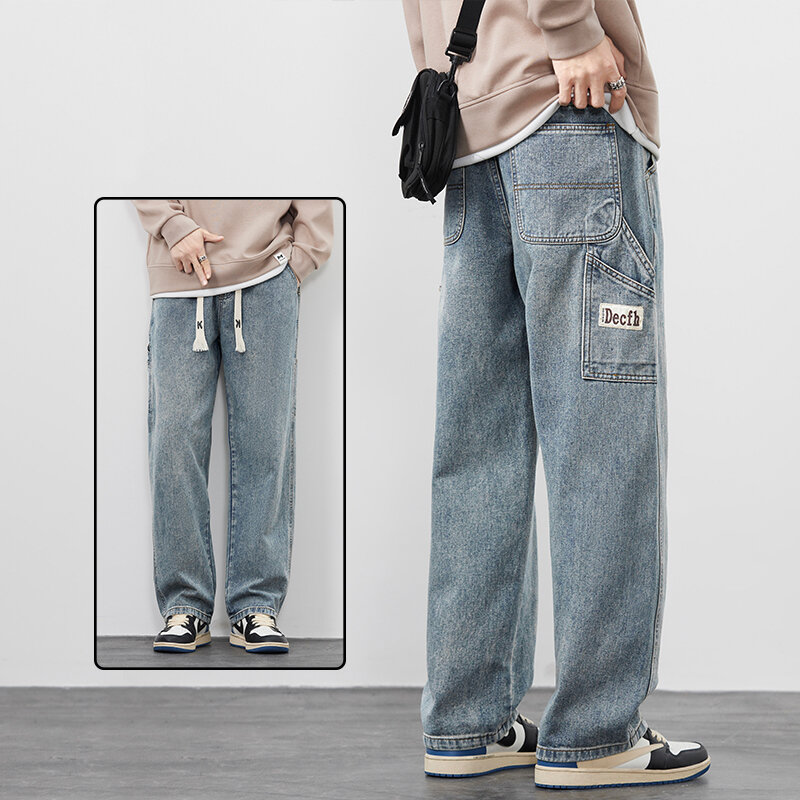 Celana kargo lurus pria, Jeans Vintage Fashion longgar lebar Amerika High Street kasual celana Denim pria 2024