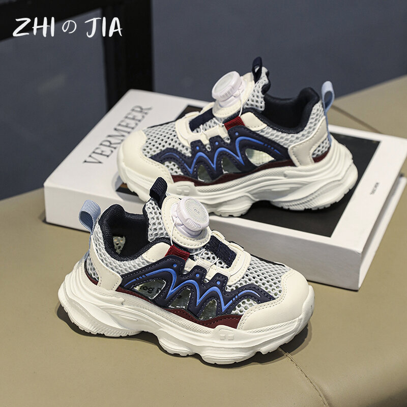 Summer New Rotating Button Sandals Hollow Sneaker Boys Girls Trendy Little White Shoes Mesh Breathable Lightweight Footwear