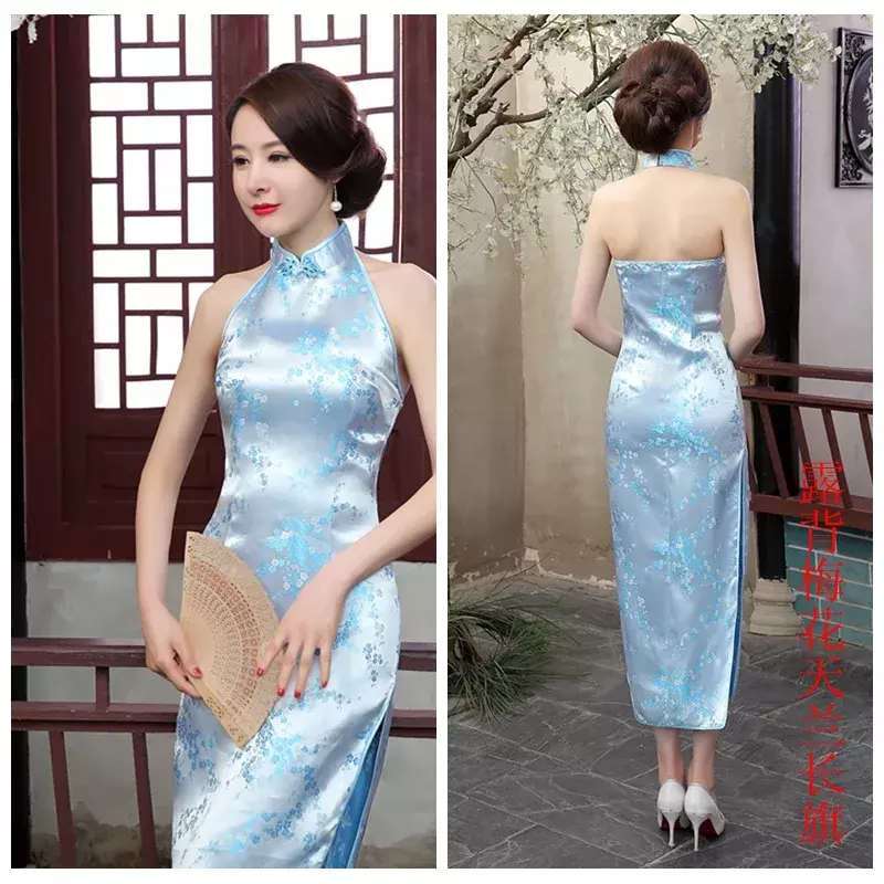 Chinesische National lange Cheong sam, Pflaume Satin, Vintage Kostüm, Halter Kleid, elegante Frauen Kleider, Qipao