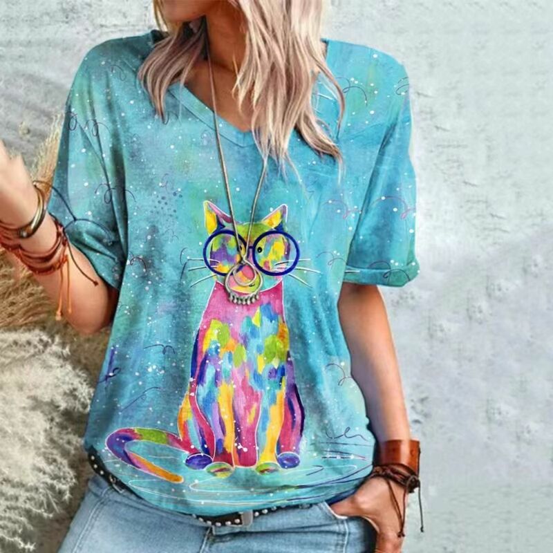 2024 여성용 오버사이즈 3D 새끼 고양이 패턴 프린트 티셔츠, 스트리트 웨어, 캐주얼 루즈 풀오버, 반팔 상의, 5XL, 여름