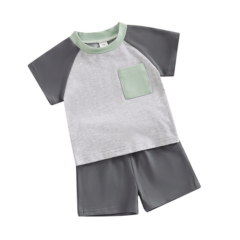 Maluch dziecko strój chłopca Color Block t-shirt z krótkim rękawem jednolity kolor spodenki ze sznurkiem 2 szt letnie ubrania