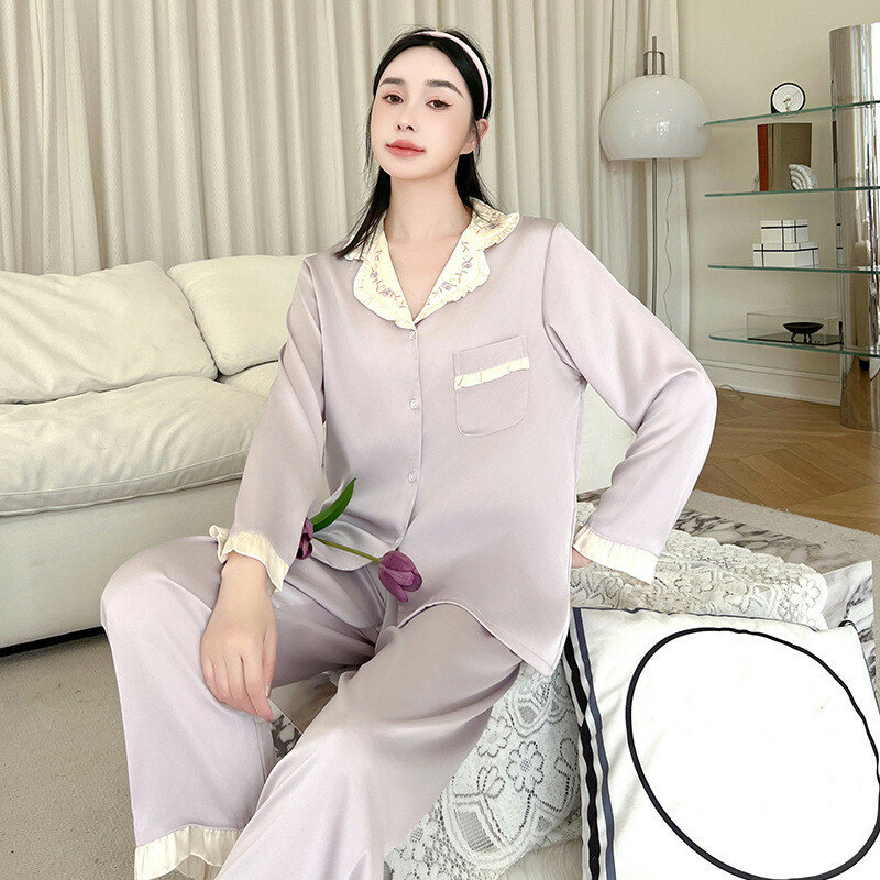 Pijama de manga larga para mujer, cárdigan de solapa, Sexy, de encaje, sencillo, de seda satinada, para verano