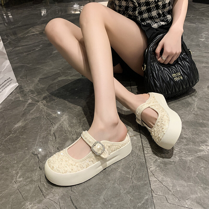 Thick Soled Mary Jane Shoes Women's 2024 Summer New Net Celebrity Retro Fashion Casual Comfortable Shoes Women's High Heels