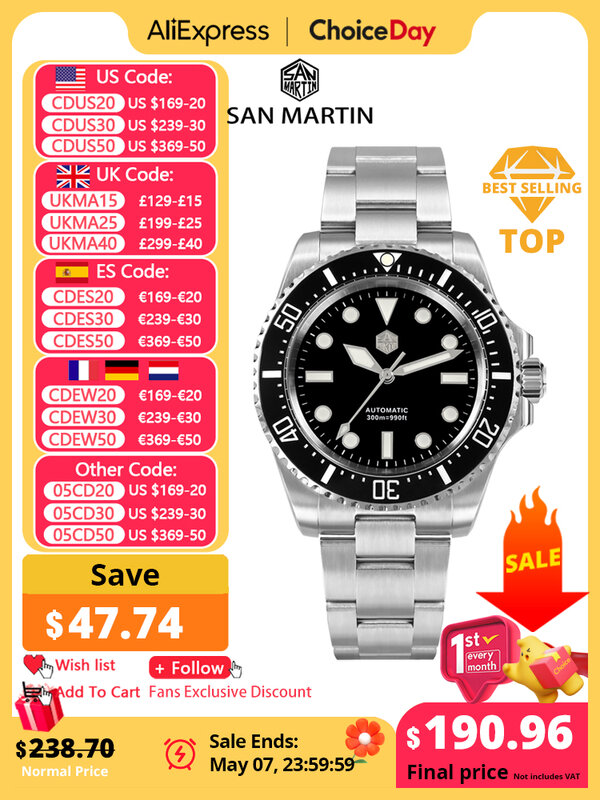San Martin 2023 nowe męskie zegarek do nurkowania luksusowe automatyczne zegarek mechaniczny z szafirem 300m regulowane zapięcie