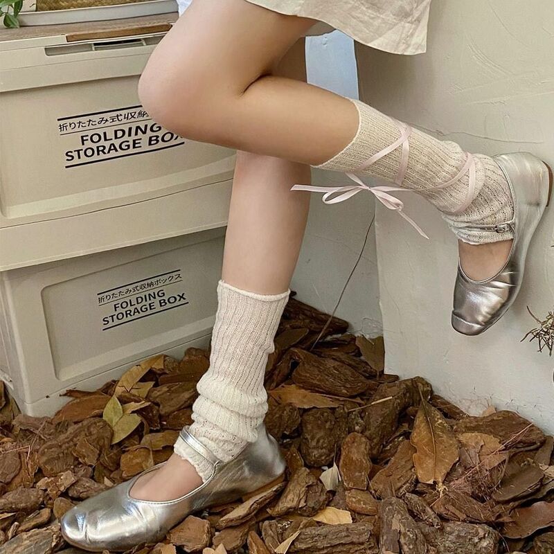 Wstążkowe ocieplacze na nogi z kokardą słodkie pojedynczą igłę Mid-rise Jk stopy obejmuje bawełniany strój w stylu Balletcore Harajuku kobieta