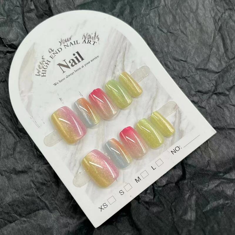 10PCS Press on Nail Colorful Cat Eye Fake Nails Shiny Pinkycolor Pattern Korean Design Short False Wearable Artificial Art Nail