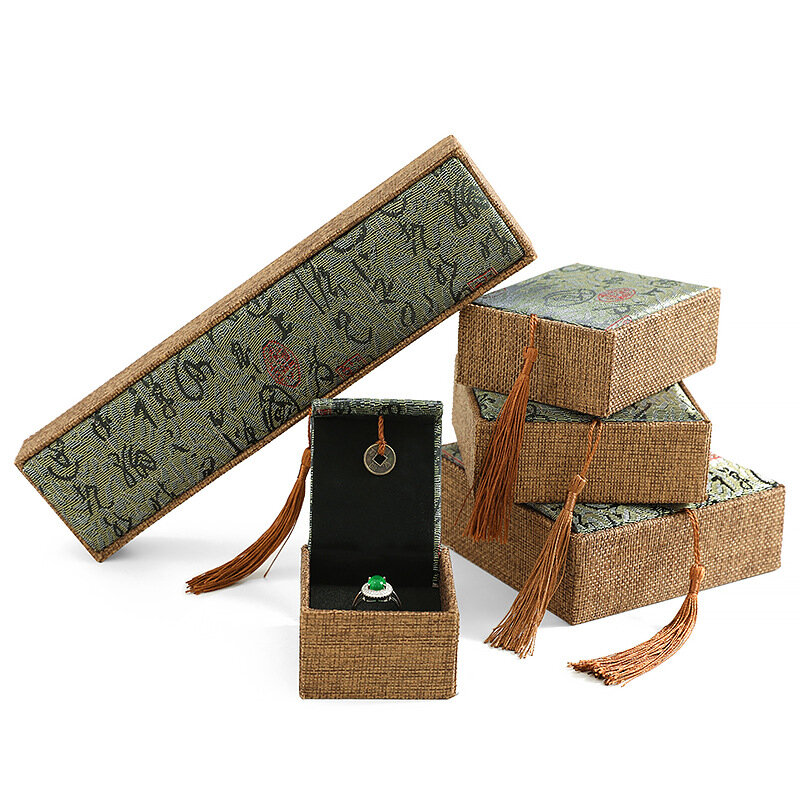 Винтажная Китайская каллиграфия, льняная фотошкатулка, буддийские бусины под старину, ручная гирлянда, нефритовое кольцо, коробка для хранения ожерелья