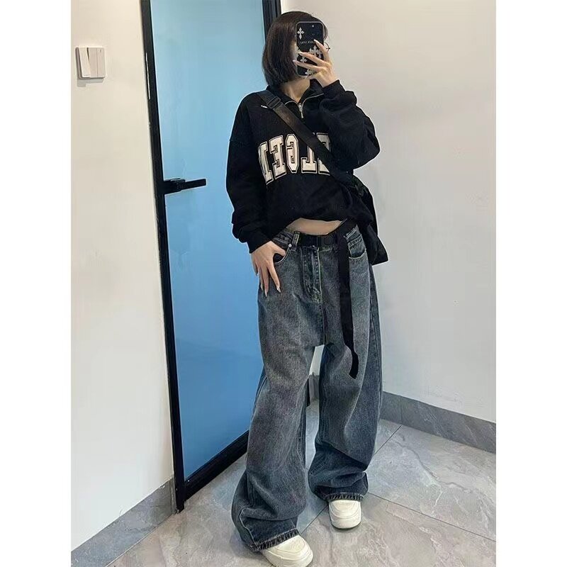 Harajuku-pantalones vaqueros holgados para mujer, ropa de calle de cintura alta, color azul oscuro y marrón, estilo años 90