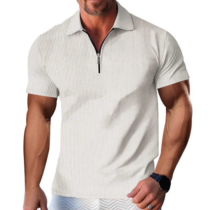 Men's Casual Polo Shirt Fashion Solid Color Zipper Lapel Short Sleeve T-shirt Business Leisure Sports Pullover Daily Street Wear