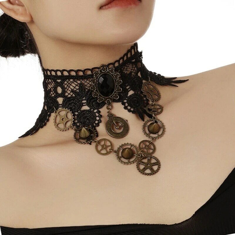 Womens Gothic Collar Black Chocker Wristband Necklace Chain Embroidered Lace