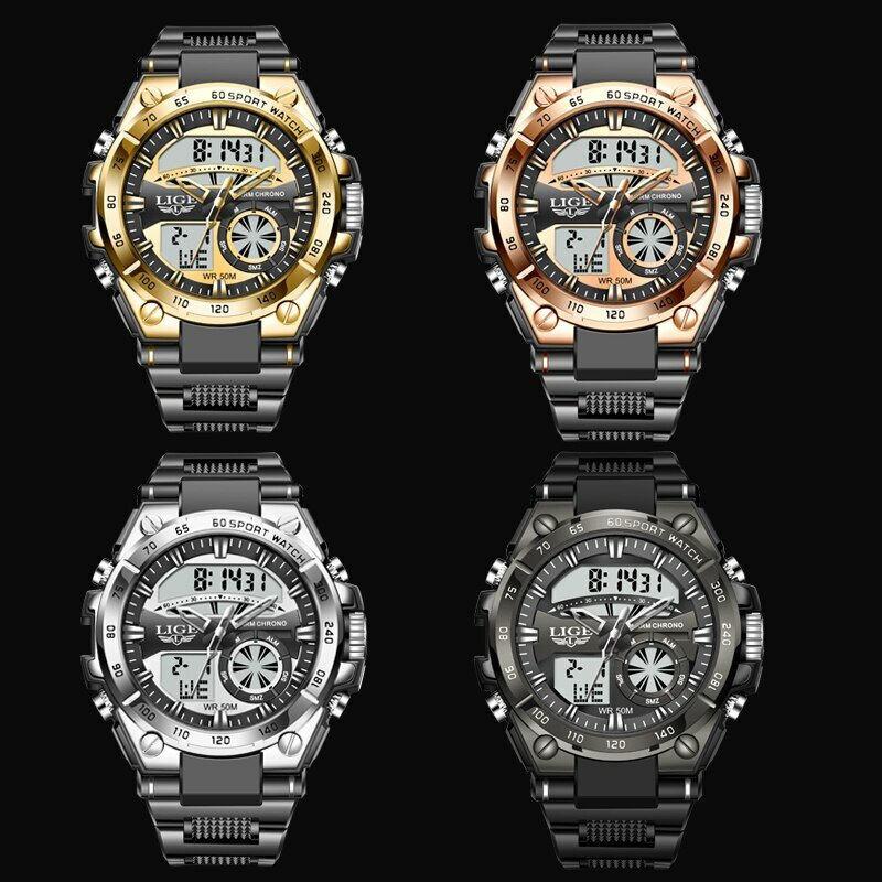 LIGE Top Brand Luxury Men Watches Fashion Dual Display Watch For Men Casual Sport Divier Watch Men Quartz Chronograph Clock Male
