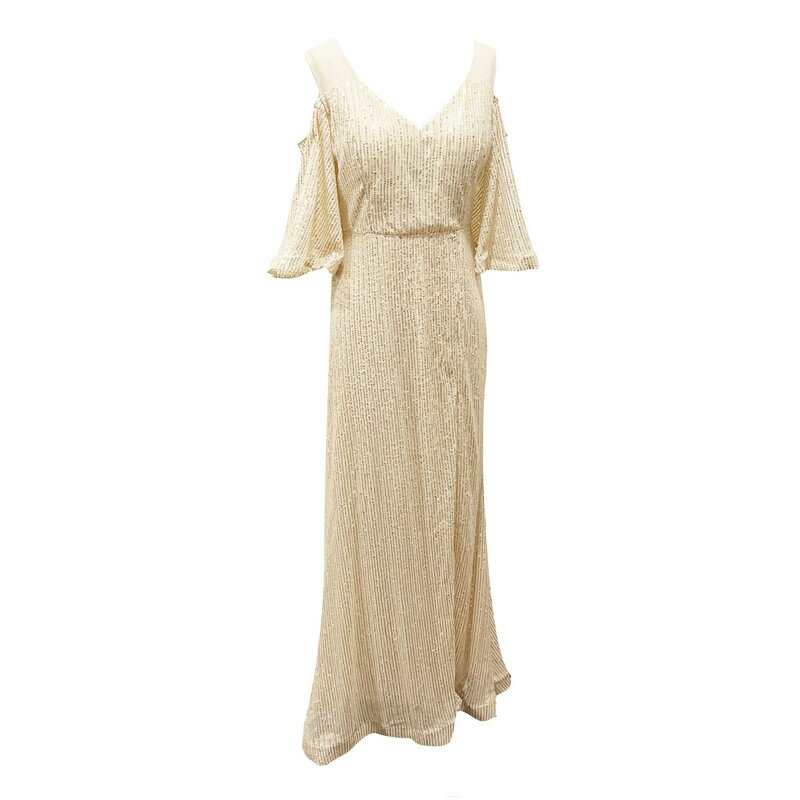 Eleganckie sukienki z bufiastymi rękawami dla kobiet letnie złote z cekinami wizytowa sukienka wysokie rozcięcie jednolita wieczorowe sukienki Maxi