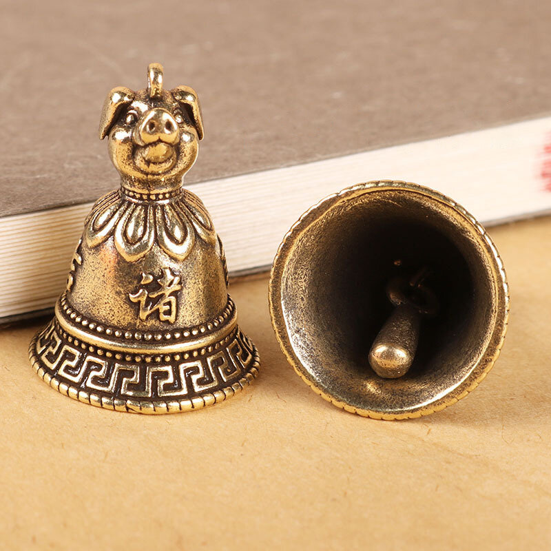 LLavero de latón chino con cabezas de animales del zodiaco, colgante de campana, joyería Vintage de cobre, Feng Shui, llavero de coche, regalo