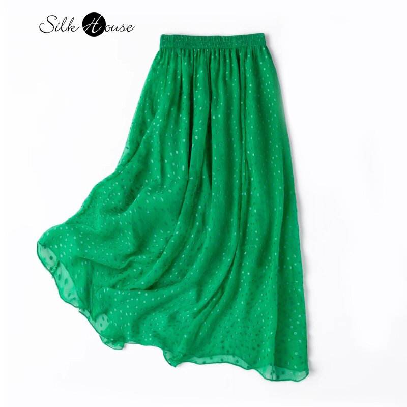 2024 Women's Summer New Three Layer 100% Natural Mulberry Silk Jacquard Georgette Elastic Waist Flapping Flowing Green Skirt