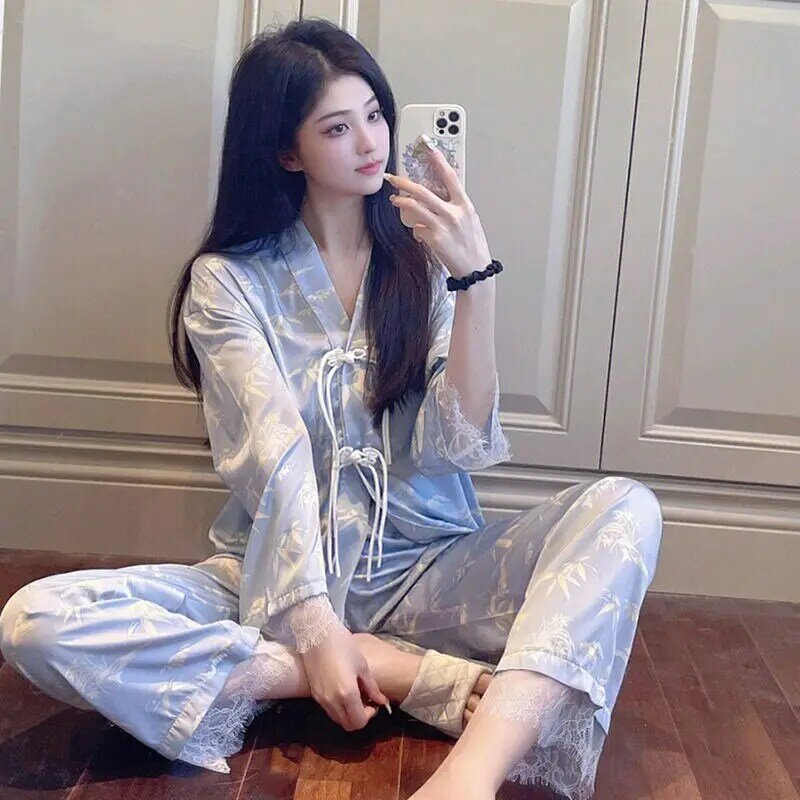 Zijden Pyjama Dames Pyjama Sets Lange Mouwen Tops Broek Loungewear Plaat Knoop Kant Trim Koreaanse Chic Prints Nachtkleding Nieuw