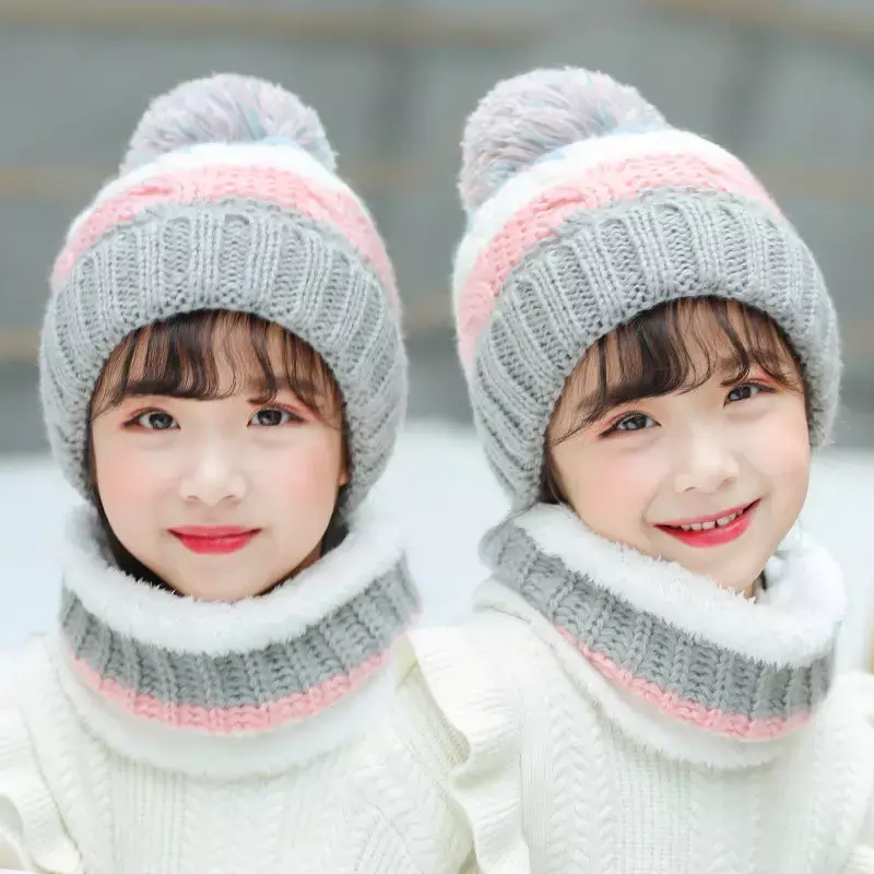 Gorros de bolas de lã tricotados para crianças, doce bonito e veludo, cachecol de chapéu grosso, versão coreana, tampas quentes para meninos e meninas, inverno