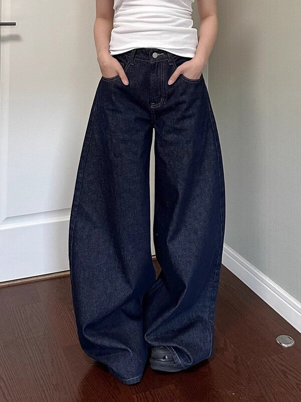 HOUZHOU-Jeans folgados de cintura alta feminino, calça jeans de perna larga, calça casual grunge, moda vintage coreana, grande porte, Y2K, rua alta