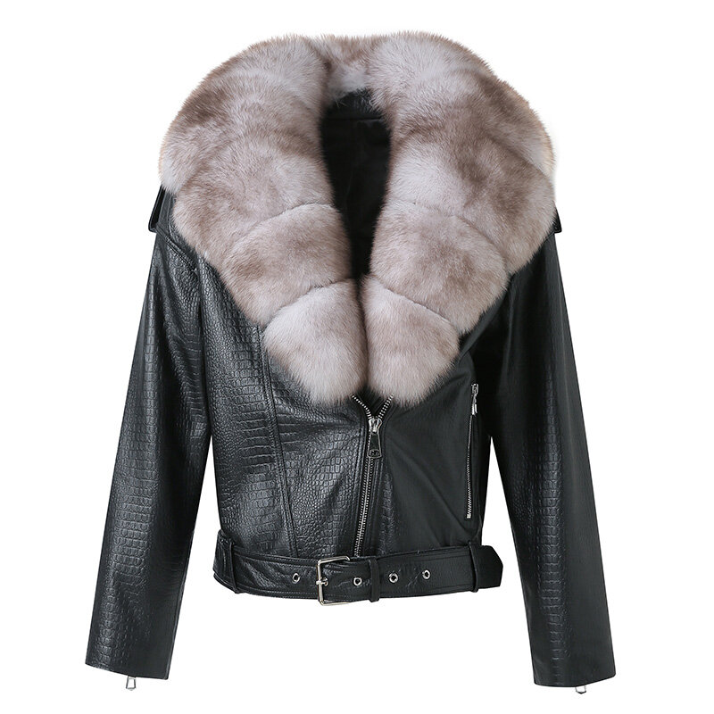 Spring Lady Genuine Sheepskin Leather Jacket Natural Fox Fur Collar Biker Coat Detachable Collar Full Sleeve Women S5396