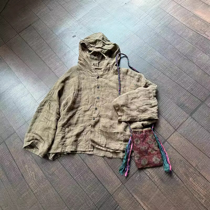 Женская льняная блузка с капюшоном, Повседневная Укороченная рубашка из конопляной Ткани в стиле девушки из леса, весна-лето 2024