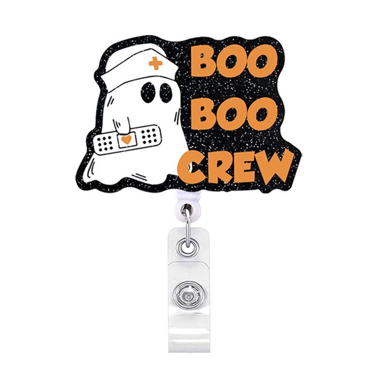 2023 New Fashion Glitter Acrylic Halloween Ghost Retractable Badge Reel Clip Doctor Nurse Student Name Tag ID Card Badge Holder