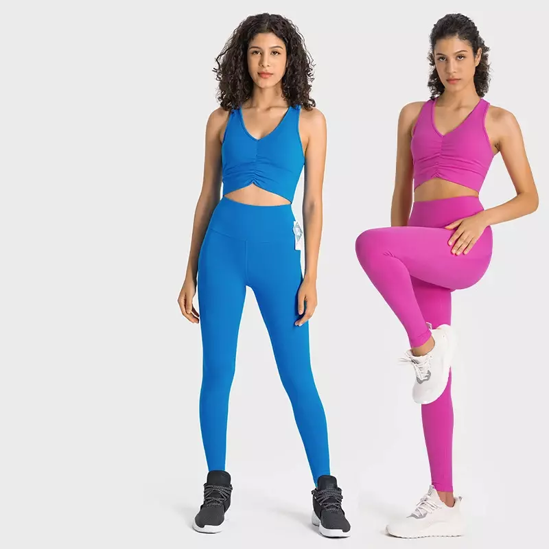 New Yoga Set Shockproof Sports Bra Side Pockets Fitness Suit