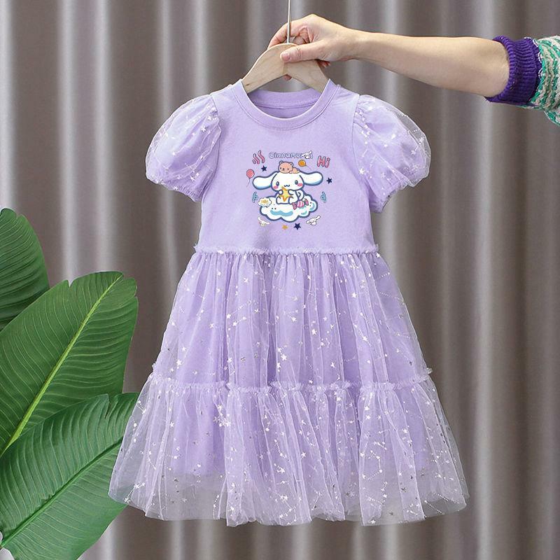 Аниме Sanrioed Cinnamoroll, платье с коротким рукавом для девочек, милое платье принцессы, газовая юбка, мультяшная летняя детская одежда