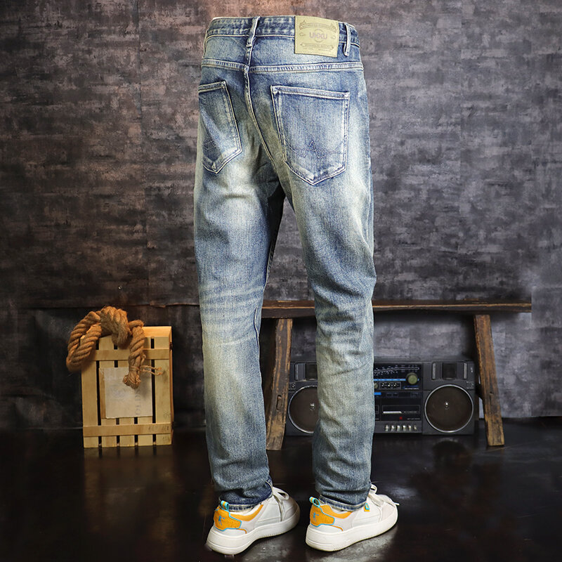 Jeans rasgado retrô lavado azul stretch skinny fit, calça vintage, calça jeans de alta qualidade, nova estilista