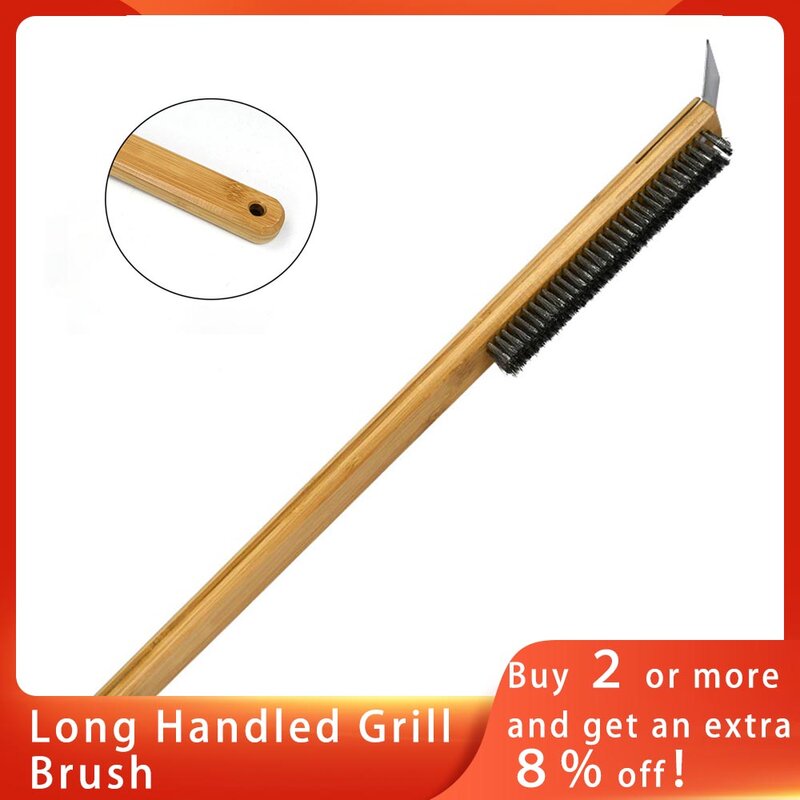 Pizza Oven Brush With Scraper Long Handle Pizza Stone Cleaner Long Wood Handle Barbecue Grill Brush With Wire Brush Heads