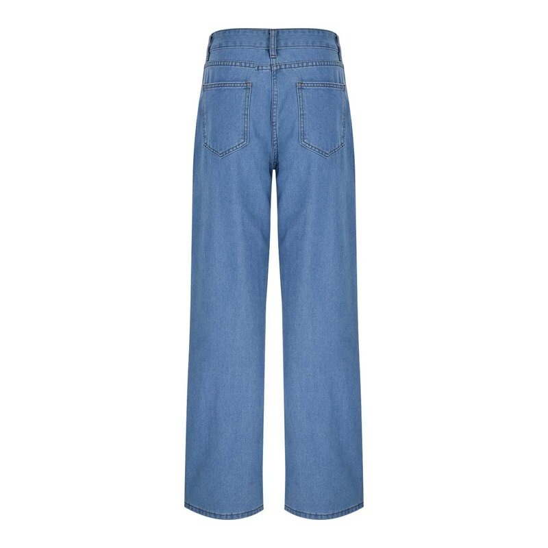 سراويل جينز نسائية زرقاء مغسولة ، جينز مستقيم بساق واسعة ، ملابس عصرية ، سراويل مطاطية متعددة الاستخدامات ، طراز كوري