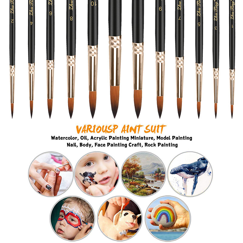 Escovas de pintura profissional conjunto, ponta redonda, Nylon cabelo acrílico escova para pintura a óleo aquarela acrílica, 12pcs