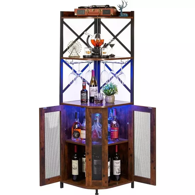 Armario de barra esquinero con luces LED, armario de vino de 5 capas con soportes de vidrio, estantes ajustables, para almacenar licor y vino